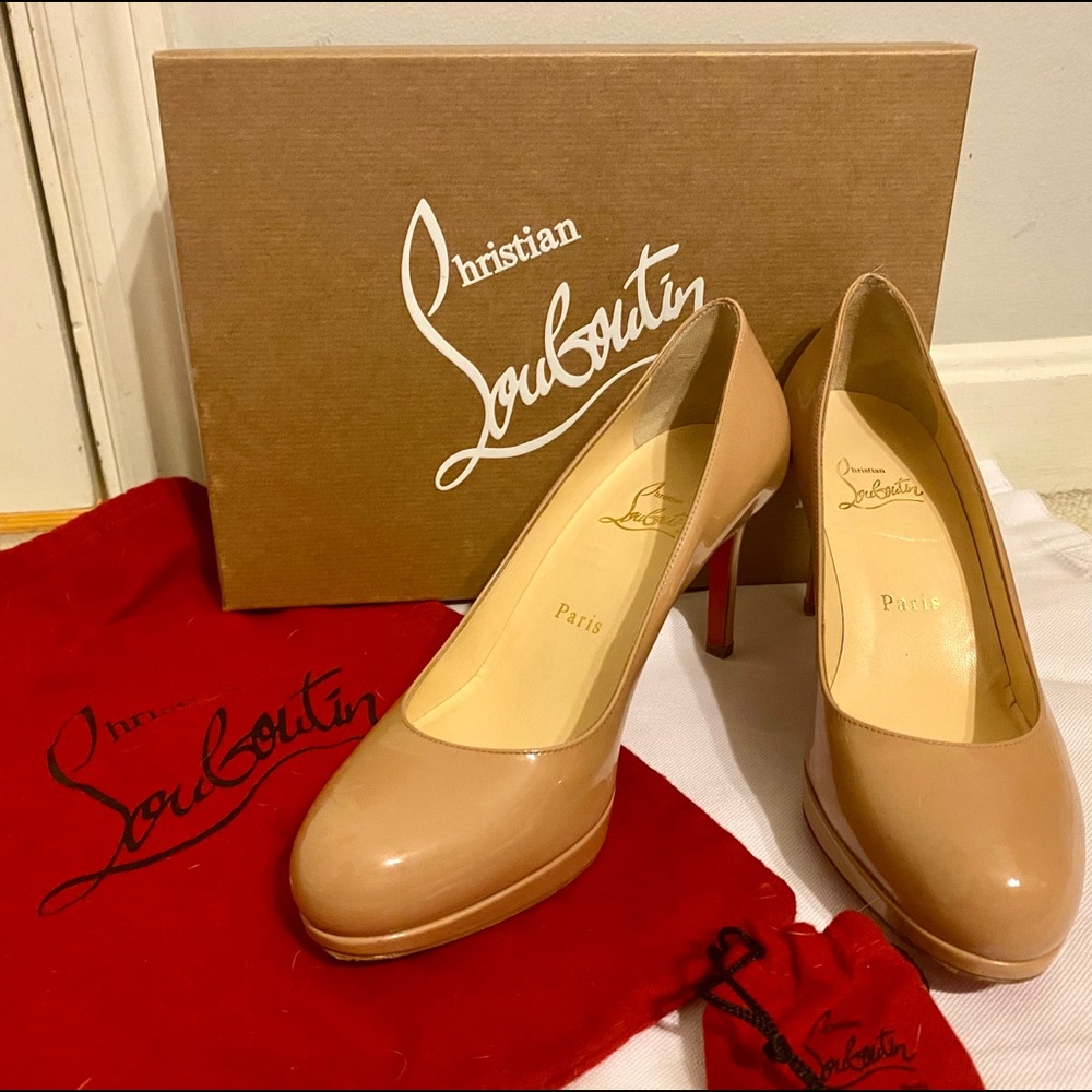 Christian Louboutin Nude Patent Leather Platform Pumps with Red Soles
